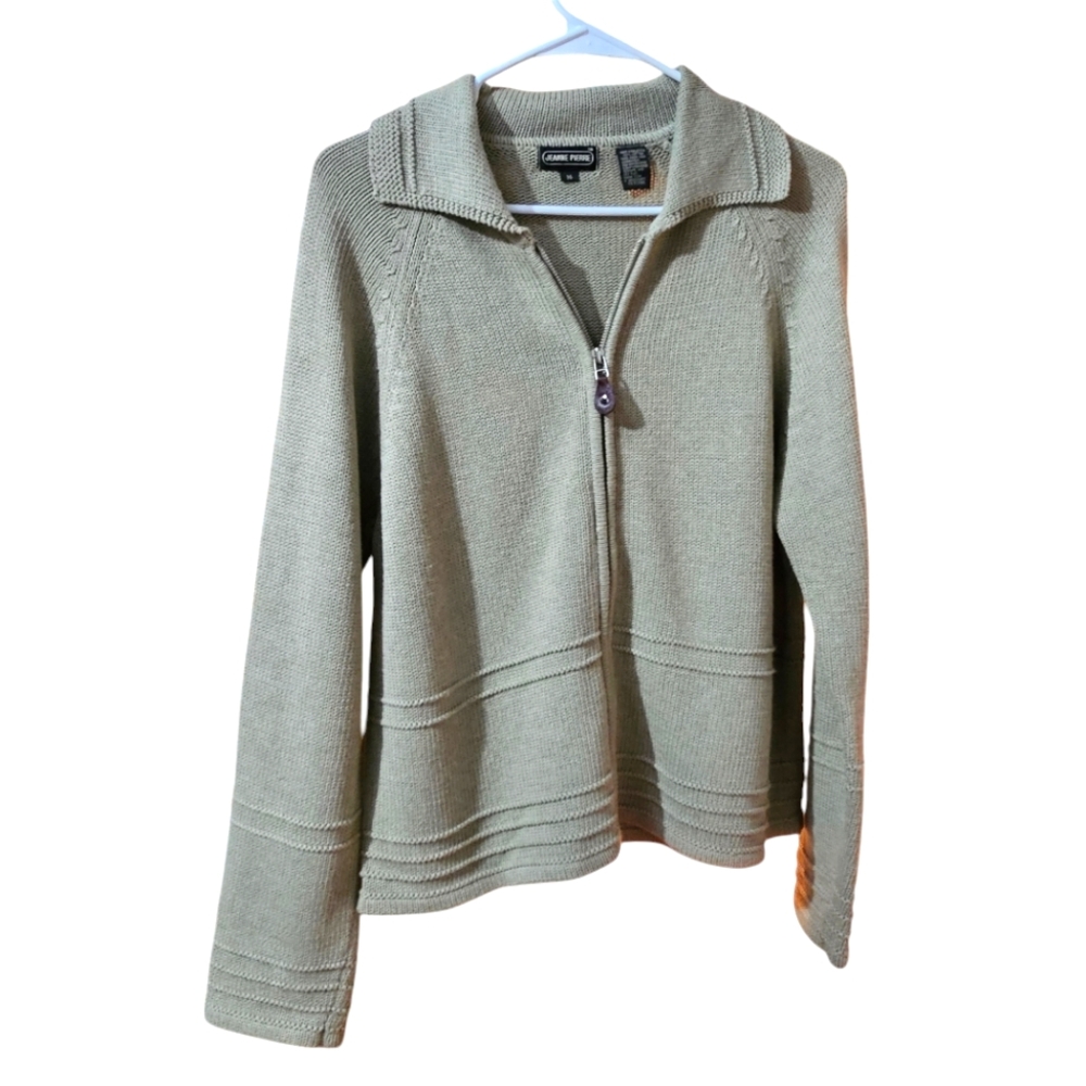 Jeanne Pierre Moss Green Full Zip Collared Cotton Sweater Cardigan M